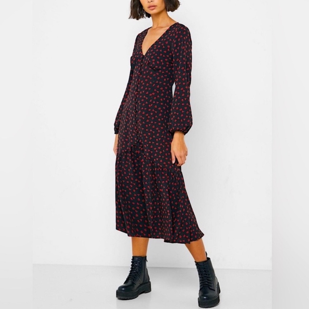 Topshop Roses Print Black Button Down Midi Dress 🌹